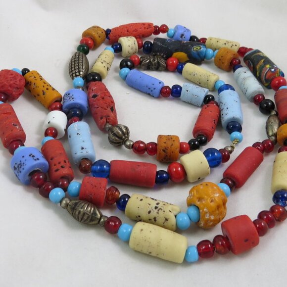 African Trade Bead Necklace with Metal, Cinnabar, Glass, and Stone beads 50 Inch - Picture 2 of 5